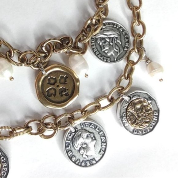 Patricia Nash Necklace Double Charm World Coin & Freshwater Pearls - Picture 5 of 9